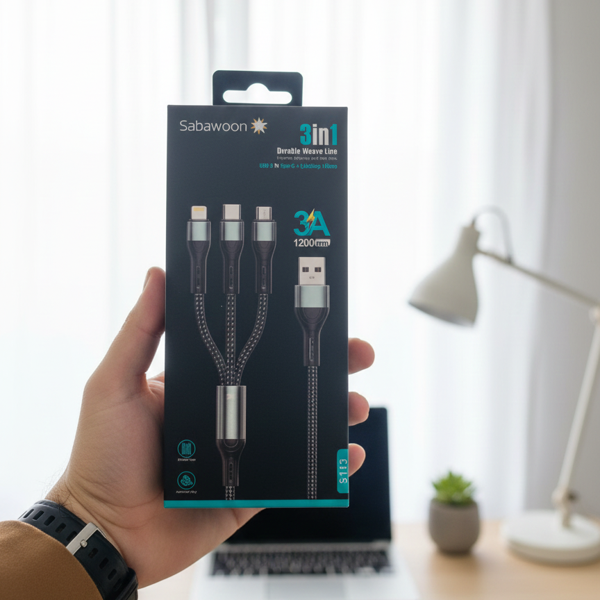 Sabawoon S113 3‑in‑1 Cable | 3A Fast Charging | Original Quality