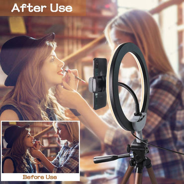 Professional 10-inch LED Ring Fill Light with Universal Phone Holder & Dimmable Lighting Modes