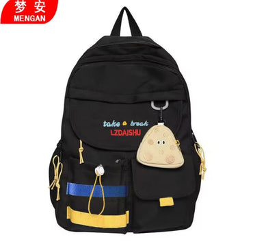 Stylish Black Backpack with Blue & Yellow Stripes + Cute Mouse-Shaped Coin Purse | Lightweight, Durable, School & Travel Bag
