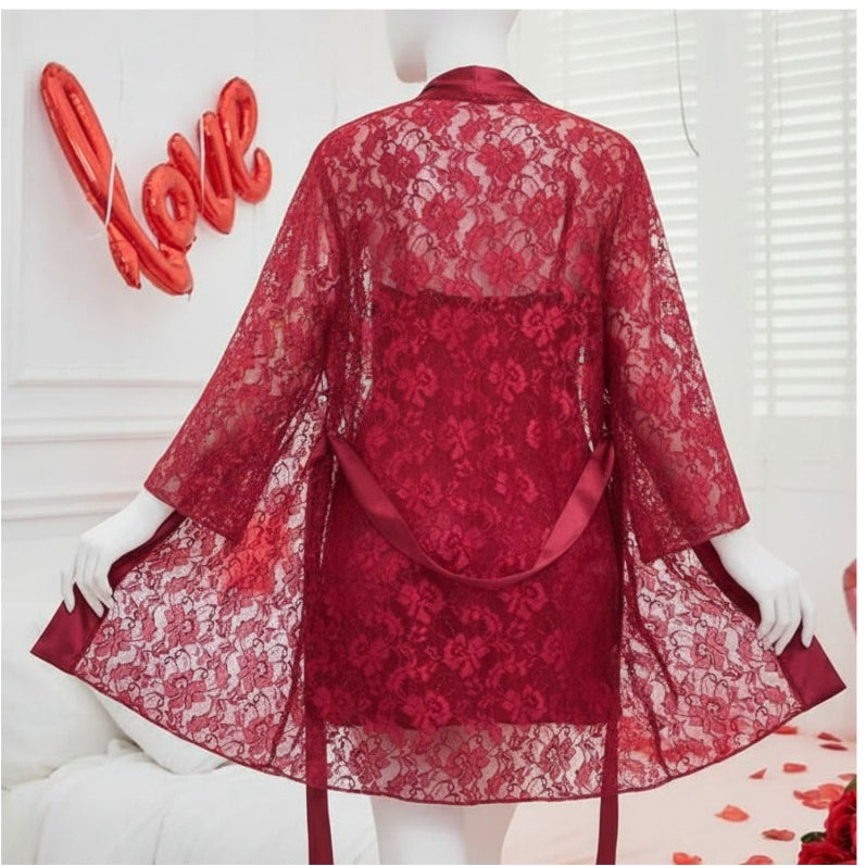 Soft Lace Robe & Silk Inner – 2 Piece Transparent Net Gown Set | Free Size (Fits Up to 38” Chest) | Black