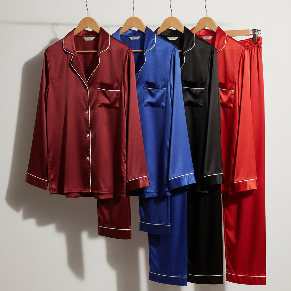 Classic Couple Night Suit Silk Satin Pajama Set – Long Sleeve Top & Full-Length Pants (4 Pcs) | SKU: DC-C007 ~ Black