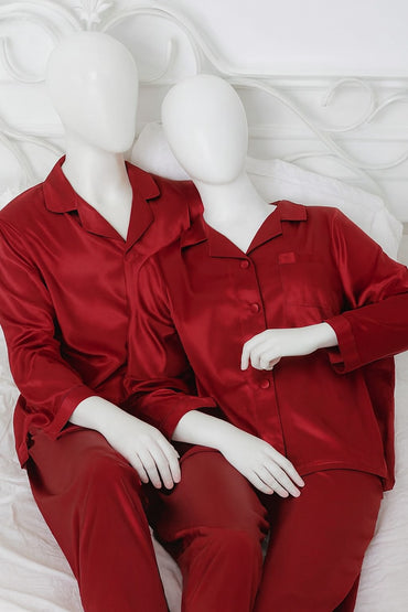 Couple Night Suit Silk Satin Pajama Set – Long Sleeve Top & Pants | SKU: DC-C011 | Black (4 Pcs)