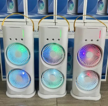 Double-Ended Spray Water Mist Fan – Dual Fan Cooling with 90° Rotation, RGB Lights, and Strong Brushless Motor – USB Powered Desktop Air Cooler