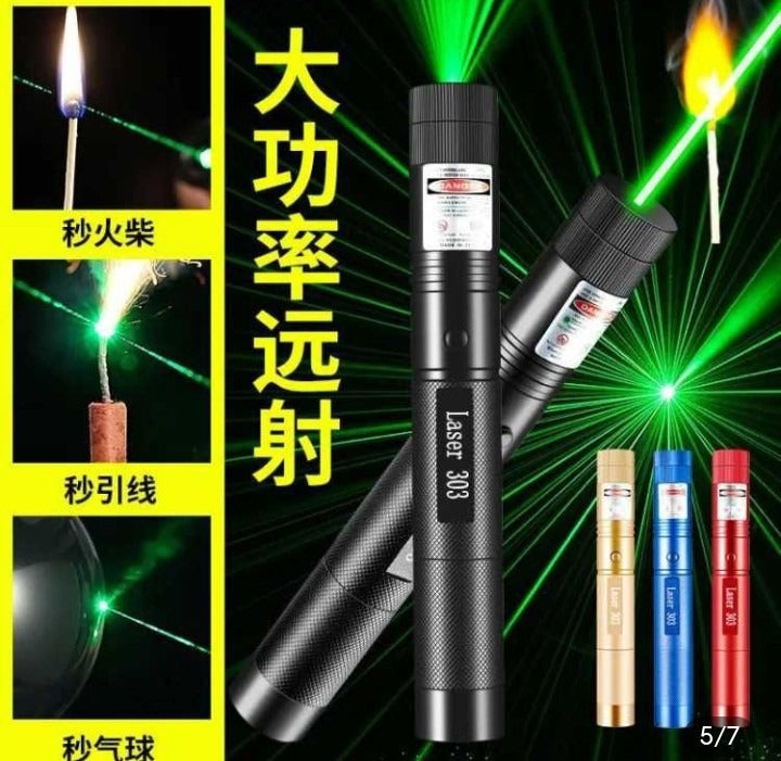 Special Edition High-Power 303 Green Laser Pointer with Adjustable Focus, 8 Designs & Shapes, 5km Range – Rechargeable Battery, Charger & Safety Lock