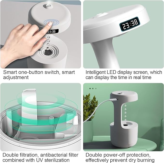 Smooth Sailing Anti gravity Humidifier With Ultra-Quiet Performance, Water Drop Light Effects (Random Color)
