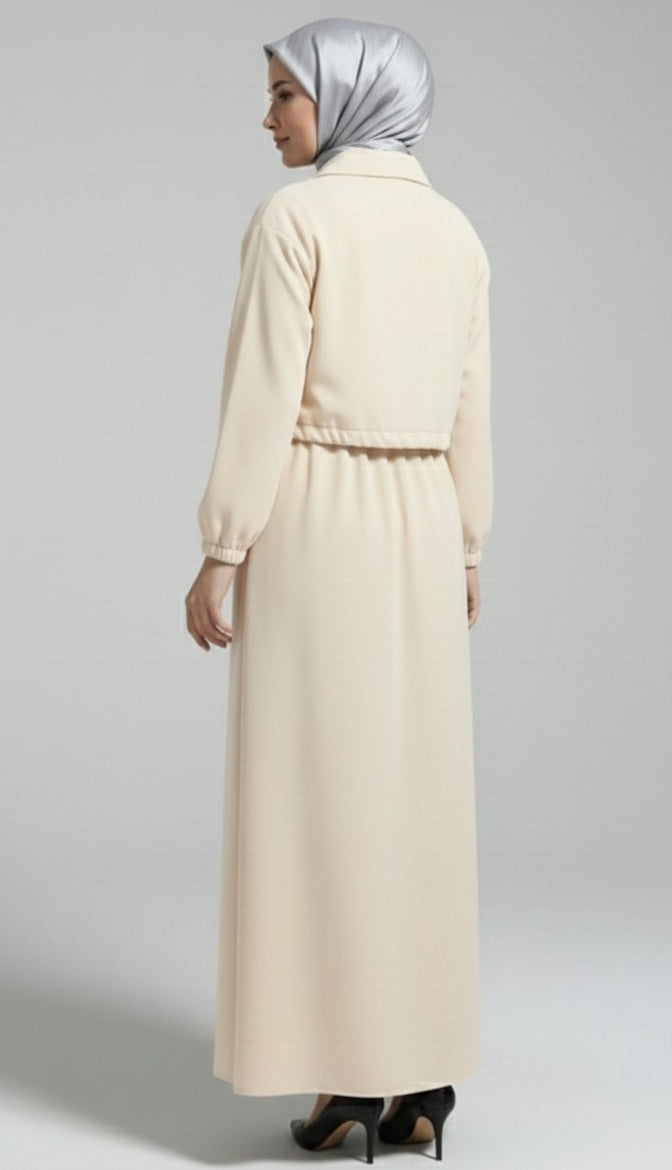 Stylish 2 Piece Set Long Frock Maxi Dress With Matching Zipper Jacket Premium Quality - Black