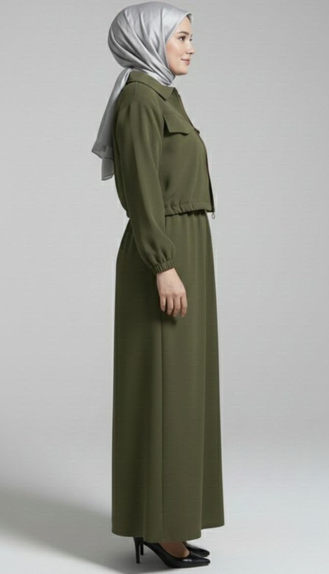 Stylish 2 Piece Set Long Frock Maxi Dress With Matching Zipper Jacket Premium Quality - Black