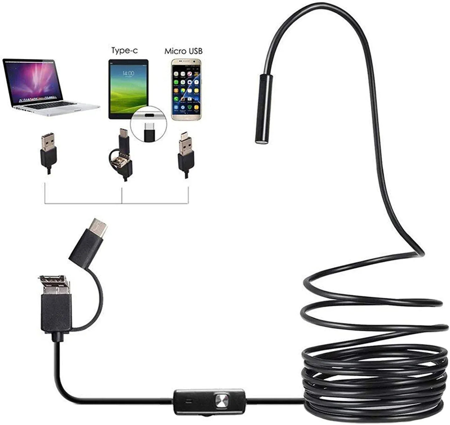 3 In 1 Type C / Micro USB / PC Endoscope Camera 3.5m With HD Lens, Adjustable LED Lights & IP67 Waterproof Design