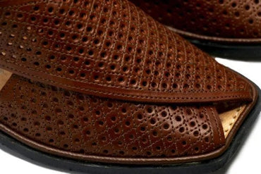 Handcrafted Men’s Peshawari Chappal – Classic Brown Perforated Leather Sandals with Adjustable Buckle Strap & Durable Rubber Sole