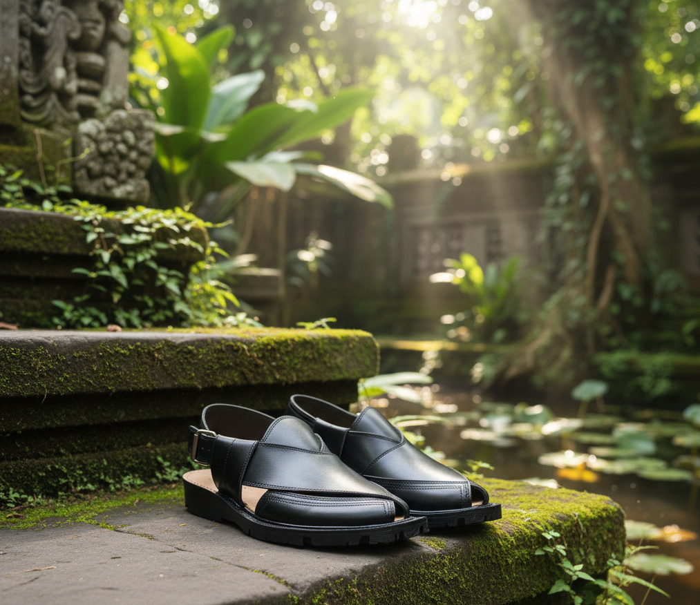 Premium Handcrafted Black Leather Peshawari Chappal - Traditional Kaptaan Design with Durable Tyre Sole and Adjustable Backstrap for Men ( size 10)