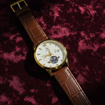 Luxury Men's Skeleton Watch - Gold Tone Case with Open-Heart Movement & Embossed Leather Strap - Classic Business Analog Wristwatch (black strap)