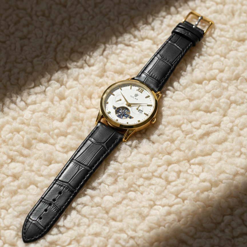 Luxury Men's Skeleton Watch - Gold Tone Case with Open-Heart Movement & Embossed Leather Strap - Classic Business Analog Wristwatch (black strap)