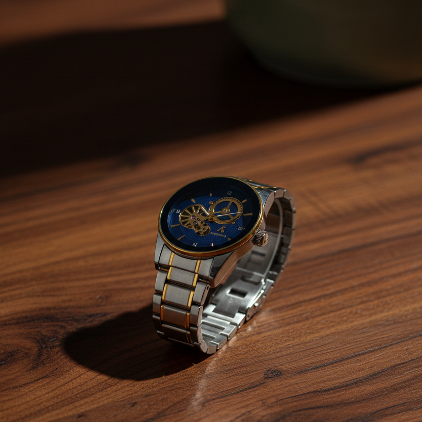 Luxury Men’s Skeleton Automatic Watch - Two-Tone Stainless Steel Bracelet, Open Heart Mechanical Dial ( golden with blue dial )