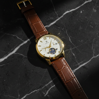 Luxury Men's Skeleton Watch - Gold Tone Case with Open-Heart Movement & Embossed Leather Strap - Classic Business Analog Wristwatch (black strap)