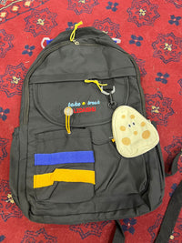 Stylish Black Backpack with Blue & Yellow Stripes + Cute Mouse-Shaped Coin Purse | Lightweight, Durable, School & Travel Bag