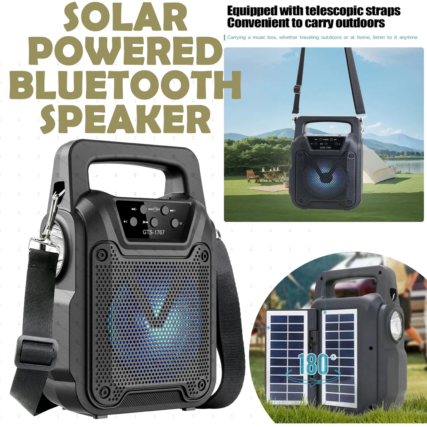 GTS‑1767 Solar Wireless Bluetooth Speaker | MP3, FM Radio, SD Card, USB | LED Flashlight Portable