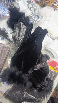 Women's & Girls Black Winter Velvet Gloves with Fur Cuff – Warm Soft Hand Gloves (1 Pair)
