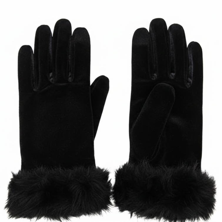 Women's & Girls Black Winter Velvet Gloves with Fur Cuff – Warm Soft Hand Gloves (1 Pair)