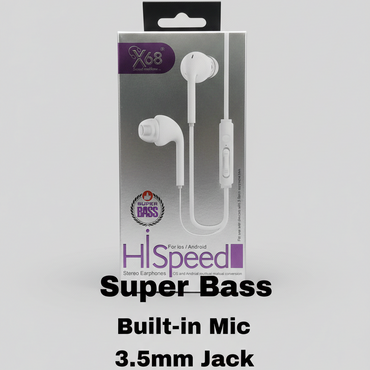 Handsfree X68 Hi Speed Stereo Earphones with Mic – Super Bass 3.5mm Wired Handsfree