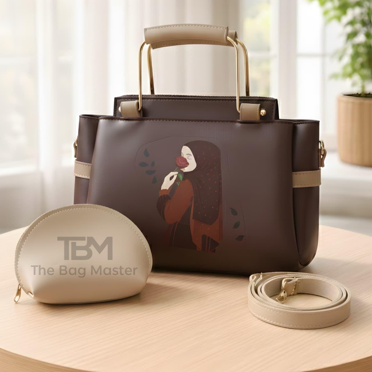 Elegant Women’s Handbag Set with Printed Design, Top Handle Tote, Crossbody Strap & Makeup Pouch