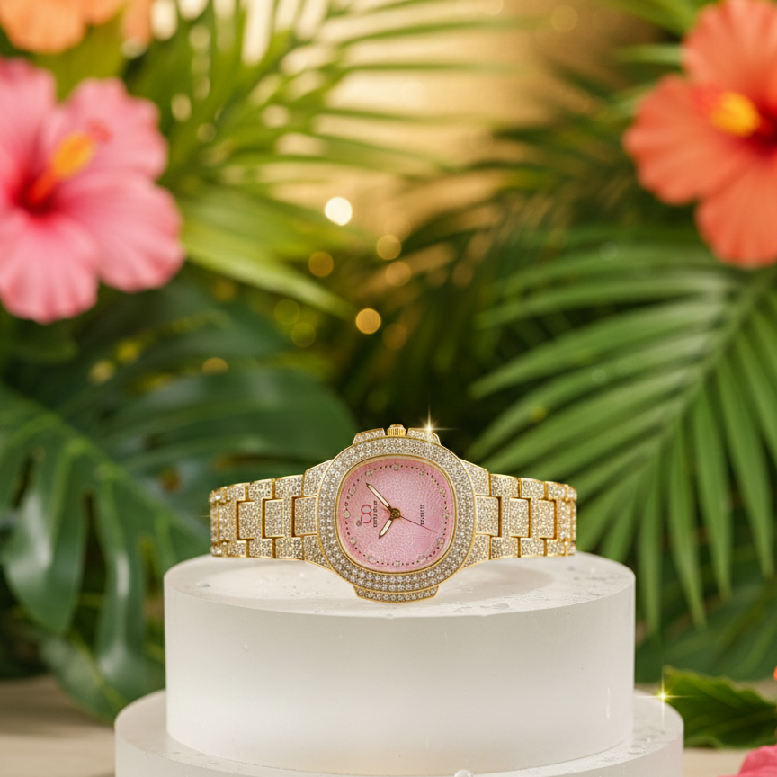 Two Toned Iced Out Quartz Movement Womens Watch without box(black watch)