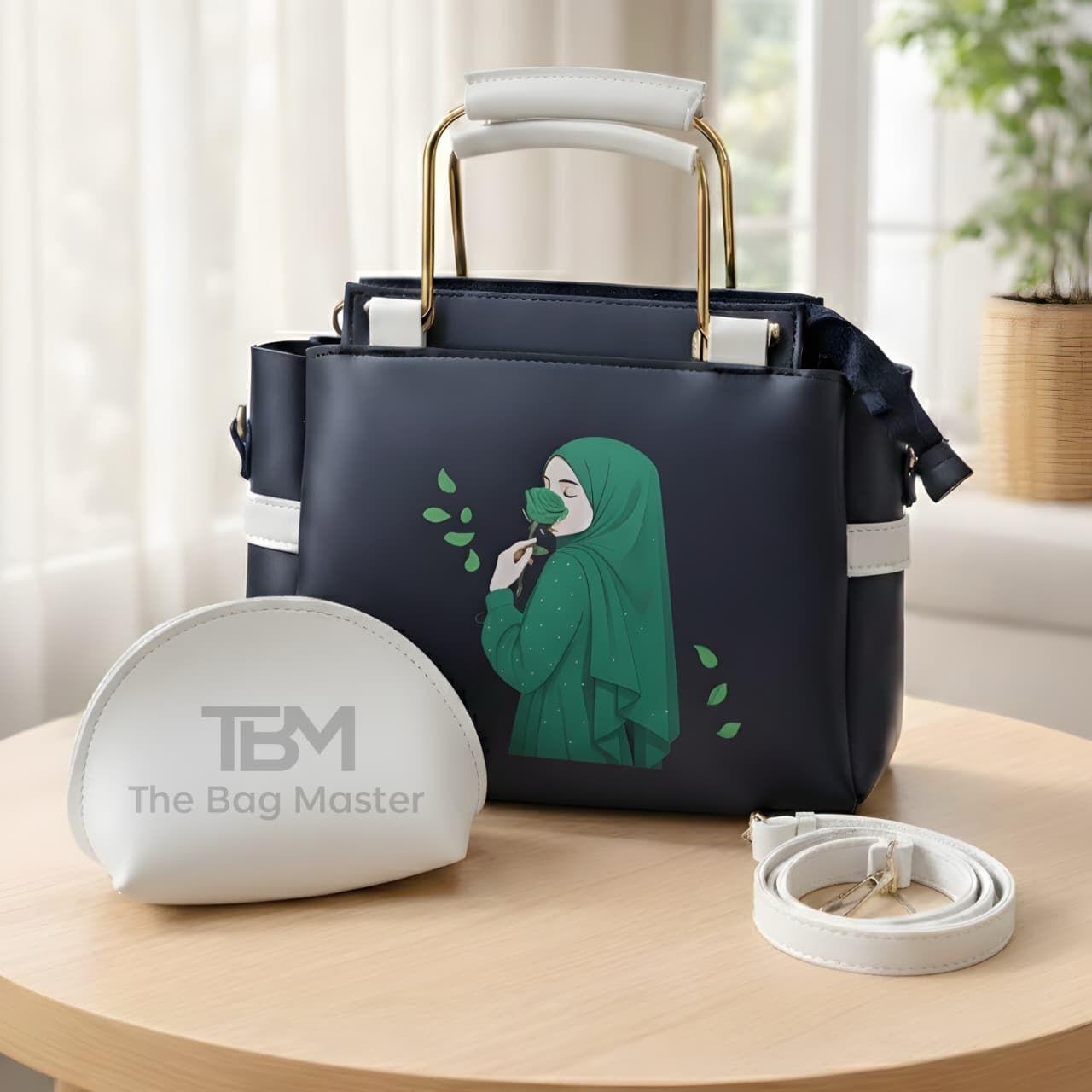 Elegant Women’s Handbag Set with Printed Design, Top Handle Tote, Crossbody Strap & Makeup Pouch