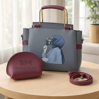 Elegant Women’s Handbag Set with Printed Design, Top Handle Tote, Crossbody Strap & Makeup Pouch