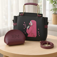 Elegant Women’s Handbag Set with Printed Design, Top Handle Tote, Crossbody Strap & Makeup Pouch