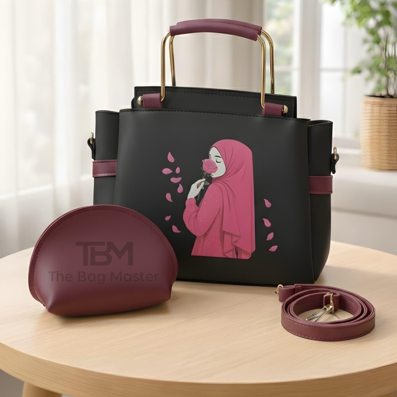 Elegant Women’s Handbag Set with Printed Design, Top Handle Tote, Crossbody Strap & Makeup Pouch