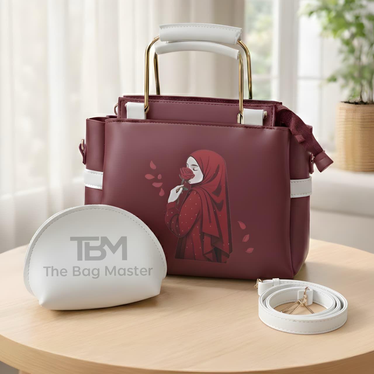 Elegant Women’s Handbag Set with Printed Design, Top Handle Tote, Crossbody Strap & Makeup Pouch