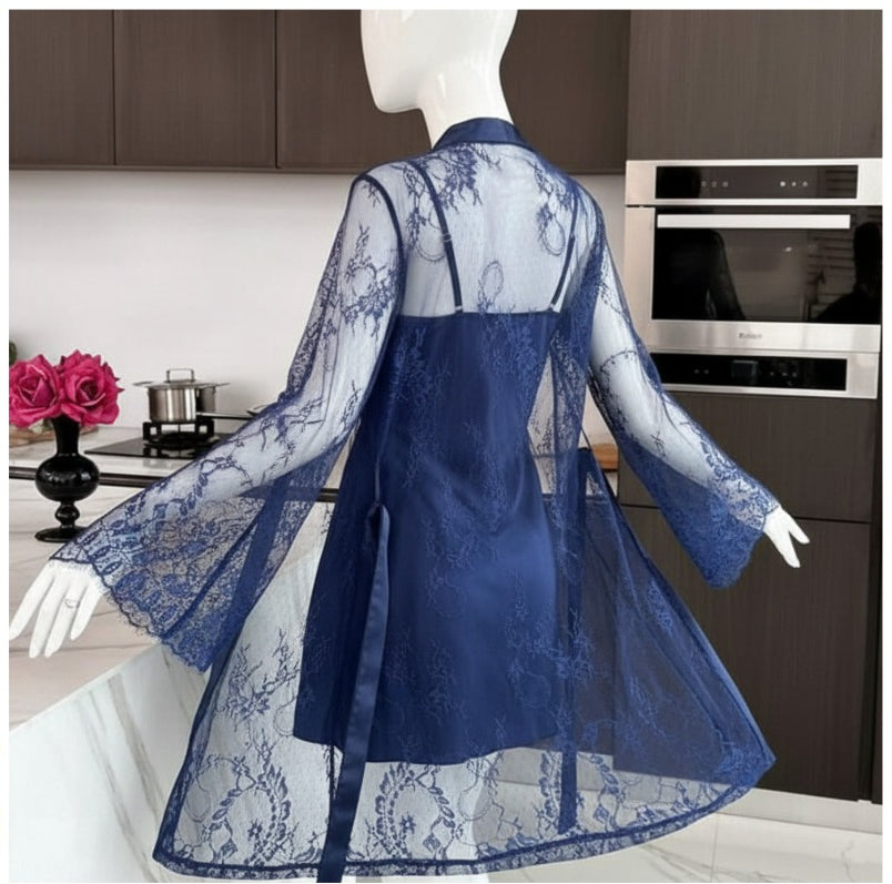 Soft Lace Robe & Silk Inner – 2 Piece Transparent Net Gown Set | Free Size (Fits Up to 38” Chest) | Black