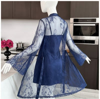 Soft Lace Robe & Silk Inner – 2 Piece Transparent Net Gown Set | Free Size (Fits Up to 38” Chest) | Black