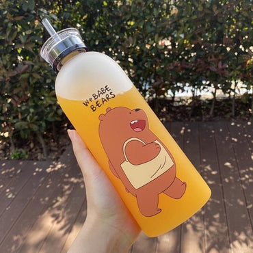 We Bare Bears Panda Water Bottle 1000ml – Cute Cartoon Design with Straw & Two Caps | Durable Reusable Bottle for Daily Hydration (Random Design)