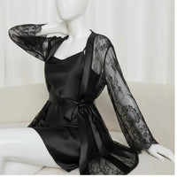Soft Lace Robe & Silk Inner – 2 Piece Transparent Net Gown Set | Free Size (Fits Up to 38” Chest) | Black