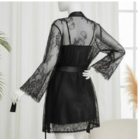 Soft Lace Robe & Silk Inner – 2 Piece Transparent Net Gown Set | Free Size (Fits Up to 38” Chest) | Black