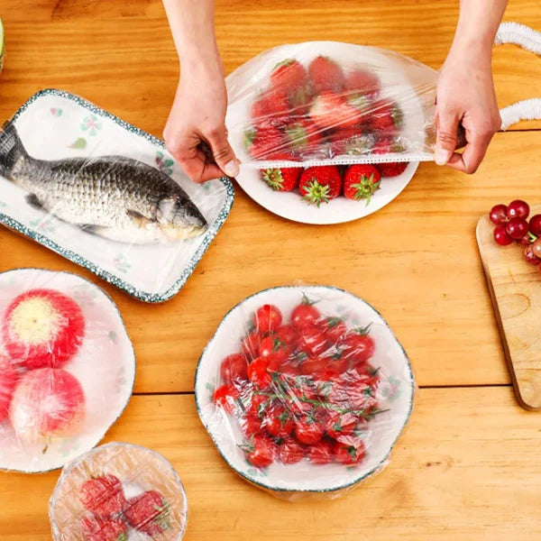 100 PCS Disposable Food Cover Plastic Bags – Transparent Fresh Food Storage & Wrap Bags