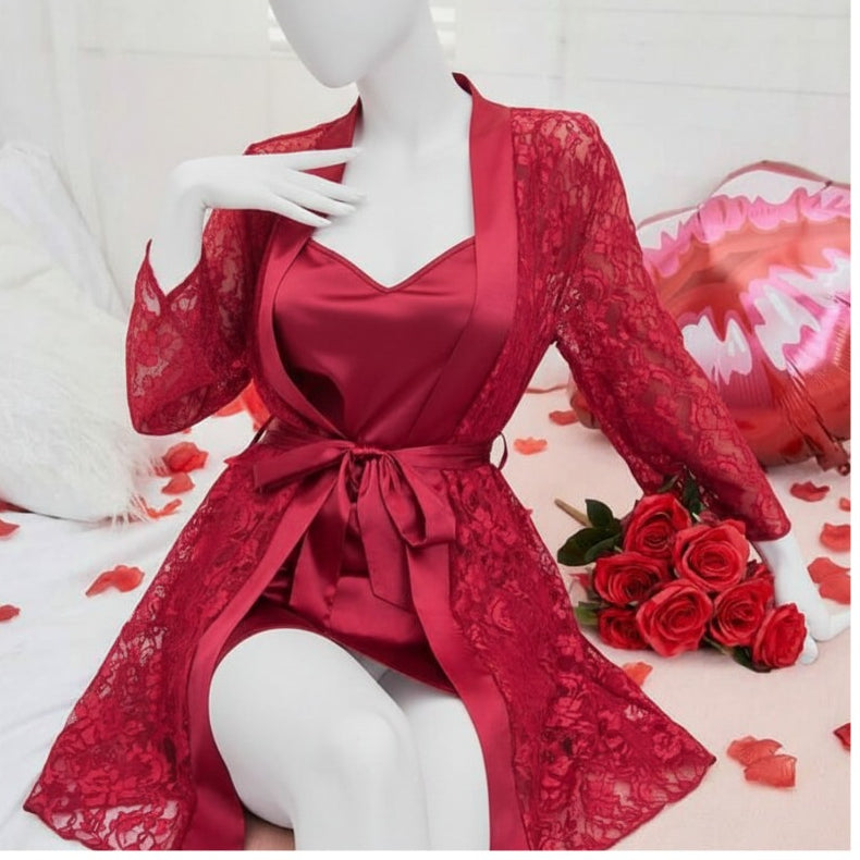 Soft Lace Robe & Silk Inner – 2 Piece Transparent Net Gown Set | Free Size (Fits Up to 38” Chest) | Black