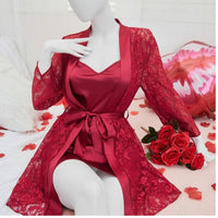 Soft Lace Robe & Silk Inner – 2 Piece Transparent Net Gown Set | Free Size (Fits Up to 38” Chest) | Black