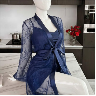 Soft Lace Robe & Silk Inner – 2 Piece Transparent Net Gown Set | Free Size (Fits Up to 38” Chest) | Black