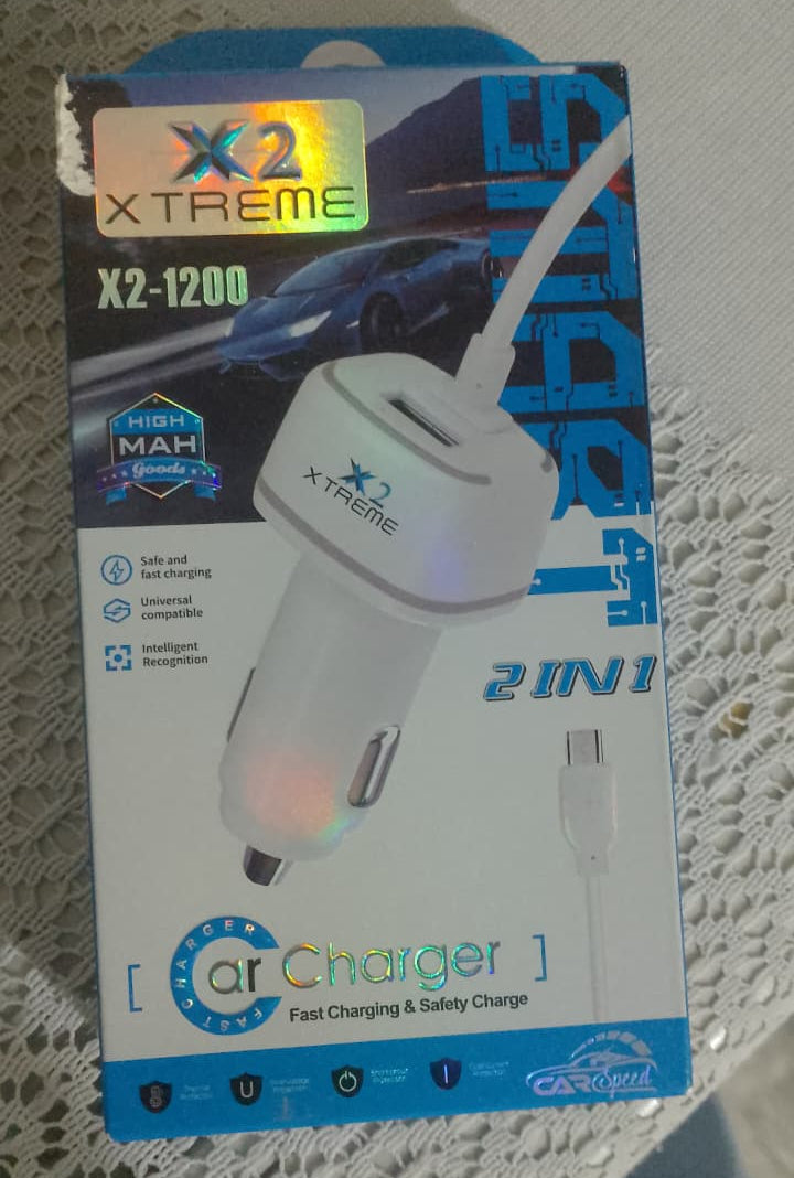X2 Xtreme 2-in-1 USB Car Charger with Cable | Fast Charging & Smart Protection | Model X2-1200(random colour)