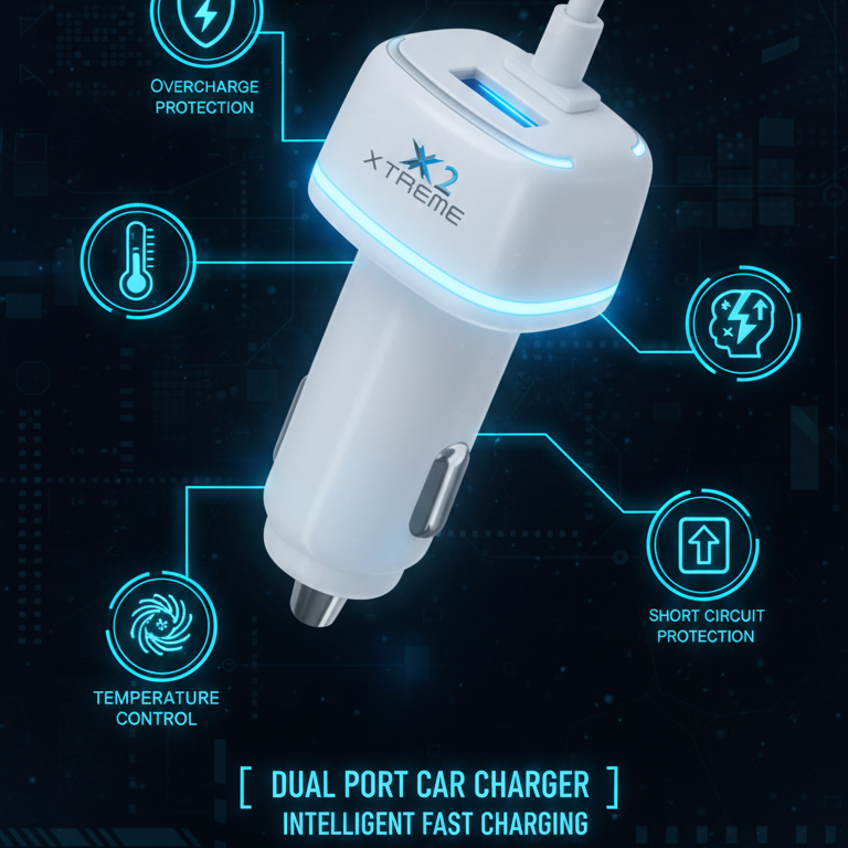 X2 Xtreme 2-in-1 USB Car Charger with Cable | Fast Charging & Smart Protection | Model X2-1200(random colour)