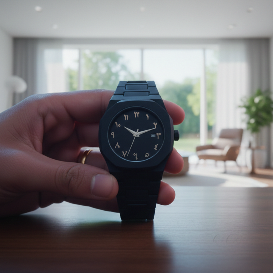 Black Arabic Aura Watch With Eastern Arabic Numerals And Date Elegant Durable Stylish Unique And Modern (Without Box)