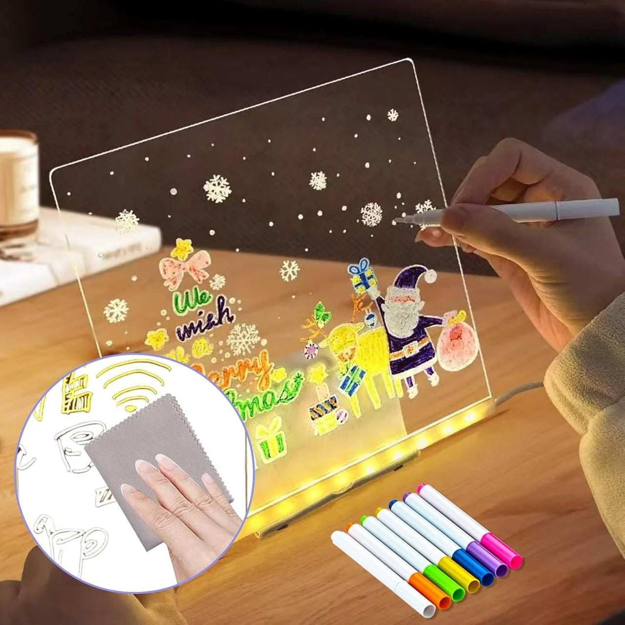 LED Light-Up Writing Board | 15×15 cm Acrylic Pad with Stand | Colorful DIY Notes & Erasable Pens