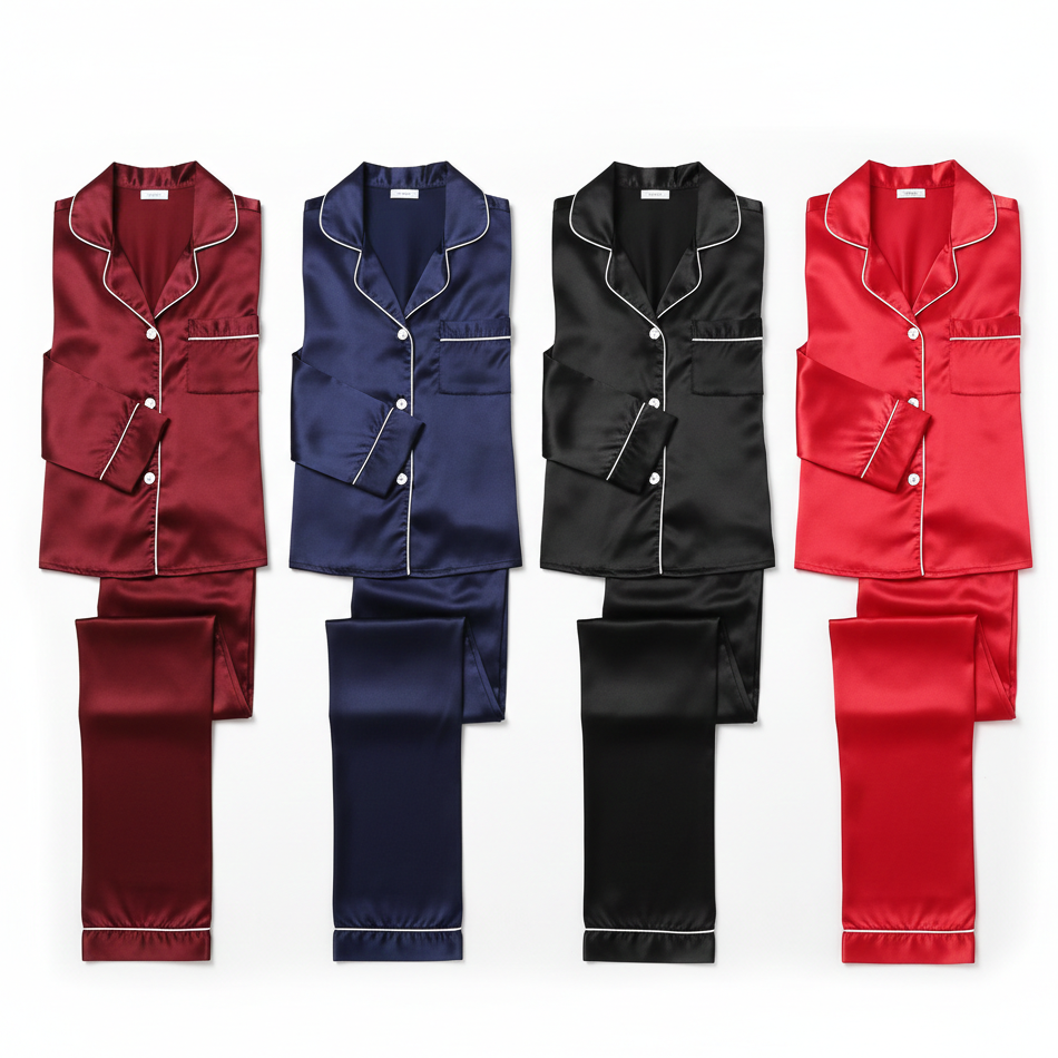Classic Couple Night Suit Silk Satin Pajama Set – Long Sleeve Top & Full-Length Pants (4 Pcs) | SKU: DC-C007 ~ Black