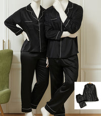 Classic Couple Night Suit Silk Satin Pajama Set – Long Sleeve Top & Full-Length Pants (4 Pcs) | SKU: DC-C007 ~ Black