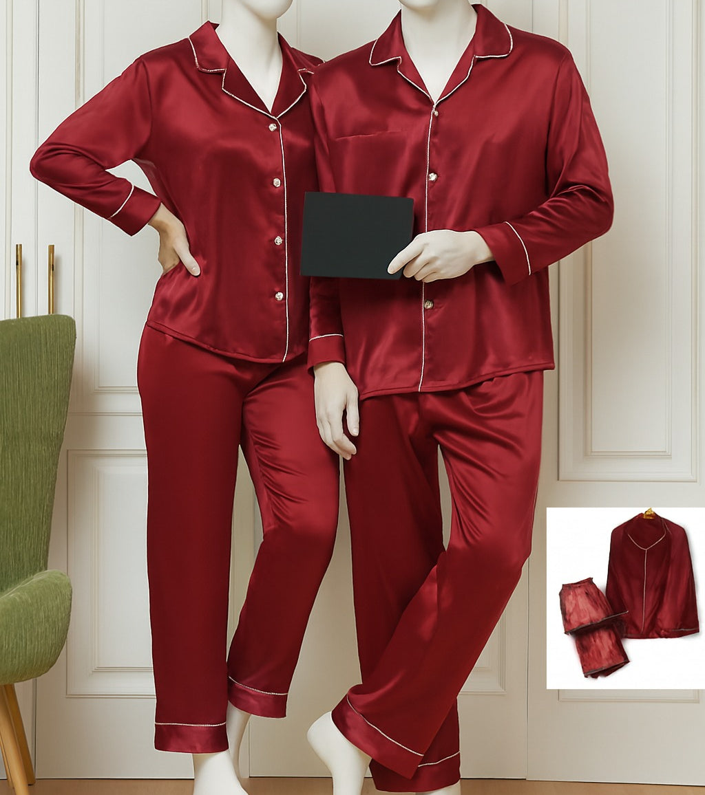 Classic Couple Night Suit Silk Satin Pajama Set – Long Sleeve Top & Full-Length Pants (4 Pcs) | SKU: DC-C007 ~ Black