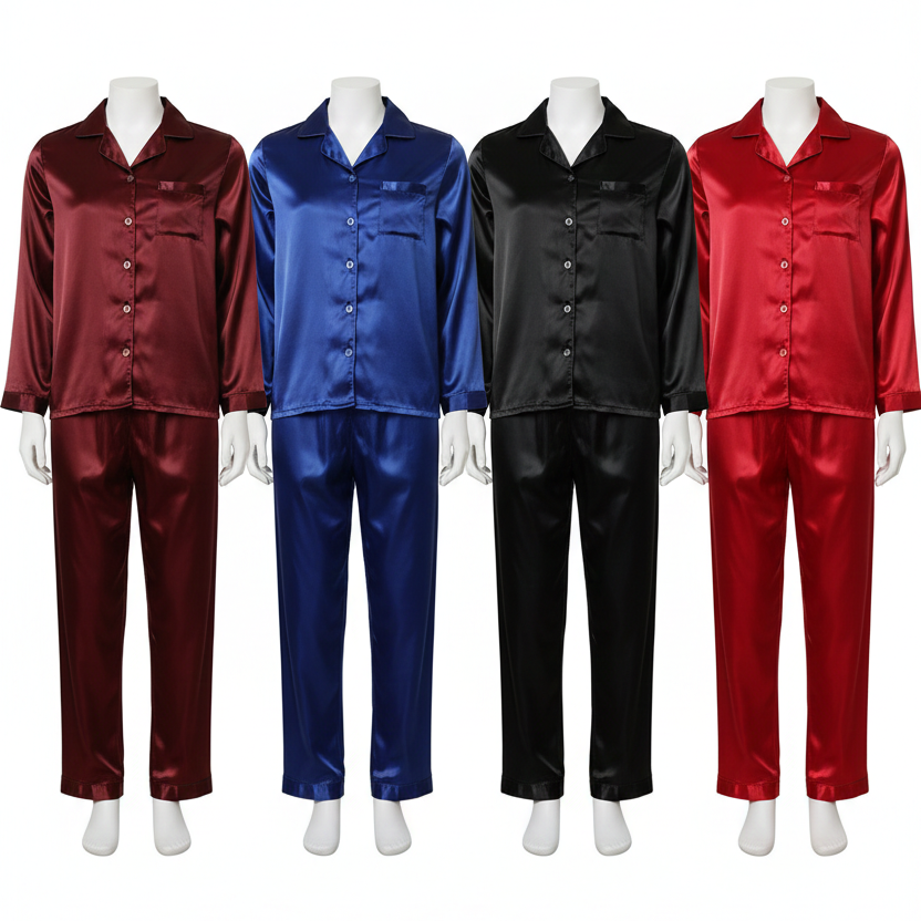 Couple Night Suit Silk Satin Pajama Set – Long Sleeve Top & Pants | SKU: DC-C011 | Black (4 Pcs)