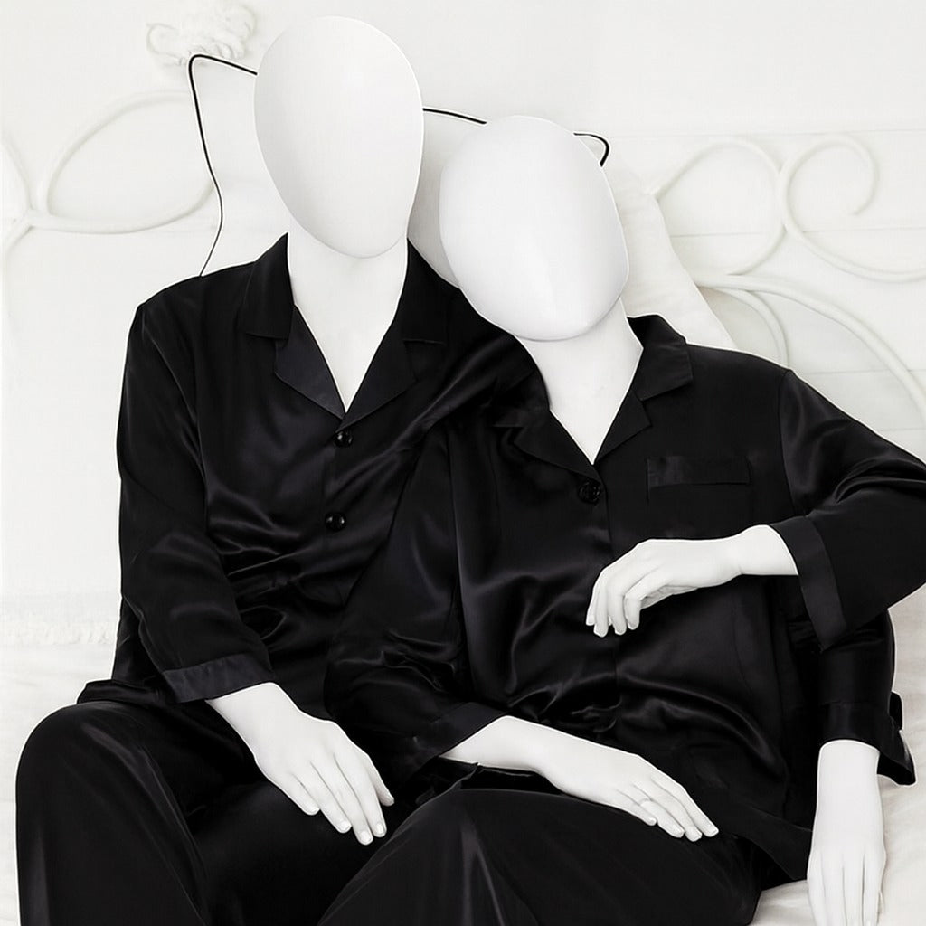 Couple Night Suit Silk Satin Pajama Set – Long Sleeve Top & Pants | SKU: DC-C011 | Black (4 Pcs)