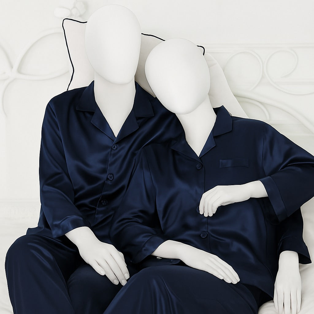 Couple Night Suit Silk Satin Pajama Set – Long Sleeve Top & Pants | SKU: DC-C011 | Black (4 Pcs)