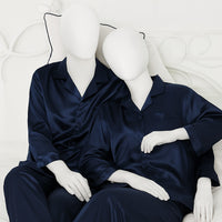 Couple Night Suit Silk Satin Pajama Set – Long Sleeve Top & Pants | SKU: DC-C011 | Black (4 Pcs)